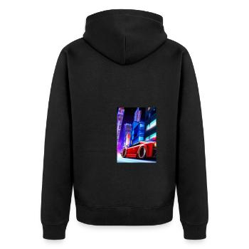 Sportwagen in der Großstadt - Unisex Premium Bio Zip Hoodie - Schwarz - Hinten - Nico (187cm)