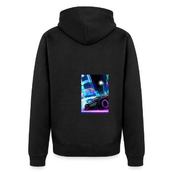 Sportwagen in der Großstadt - Unisex Premium Bio Zip Hoodie - Schwarz - Hinten - Nico (187cm)