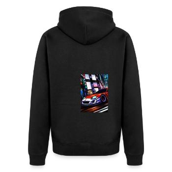 Sportwagen in der Großstadt - Unisex Premium Bio Zip Hoodie - Schwarz - Hinten - Nico (187cm)