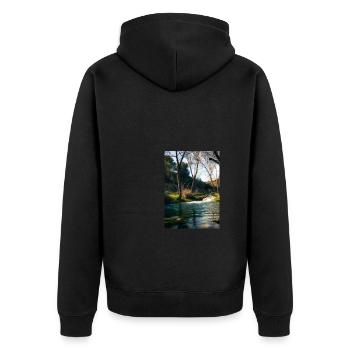 Forest River Wasserfall - Unisex Premium Bio Zip Hoodie - Schwarz - Hinten - Nico (187cm)