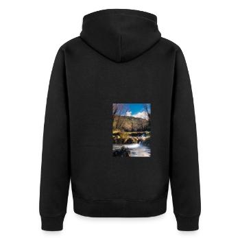 Forest River Wasserfall - Unisex Premium Bio Zip Hoodie - Schwarz - Hinten - Nico (187cm)