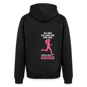 Läuferin Sport Joggerin Geschenk - Unisex Premium Bio Zip Hoodie - Schwarz - Hinten - Nico (187cm)