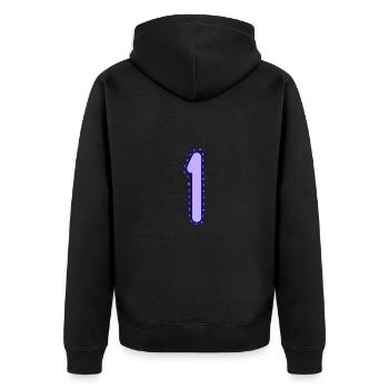 1. 1 Jahr. 1. JAHRESTAG. 1-JÄHRIGES JUBILÄUM - Unisex Premium Bio Zip Hoodie - Schwarz - Hinten - Nico (187cm)