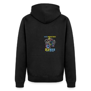 Motocross -Zitat unterschätzt nie einen alten Mann - Unisex Premium Bio Zip Hoodie - Schwarz - Hinten - Nico (187cm)