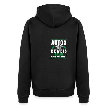 Autos sind der Beweis das Gott uns liebt - Unisex Premium Bio Zip Hoodie - Schwarz - Hinten - Nico (187cm)