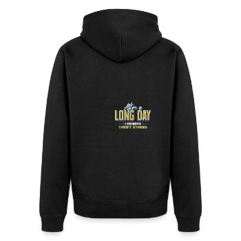 Nach einem langen Tag verdiene ich Secondhand-Läden - Unisex Premium Bio Zip Hoodie - Schwarz - Hinten - Nico (187cm)
