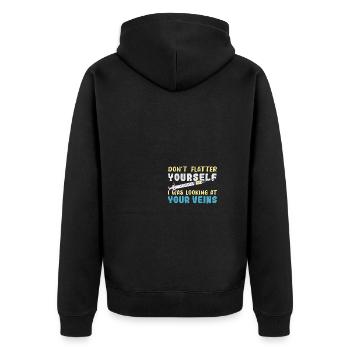 Don't Flatter Yourself I Was Looking At Your Veins - Unisex Premium Bio Zip Hoodie - Schwarz - Hinten - Nico (187cm)