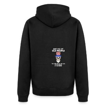 Don't Piss Off Old People - Unisex Premium Bio Zip Hoodie - Schwarz - Hinten - Nico (187cm)
