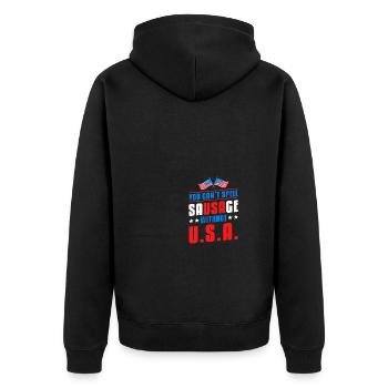 You Cant Spell Sausage Without USA American Flag - Unisex Premium Bio Zip Hoodie - Schwarz - Hinten - Nico (187cm)