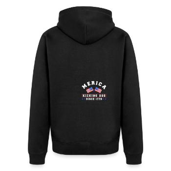 Merica Kicking Ass Since 1776 Independence USA - Unisex Premium Bio Zip Hoodie - Schwarz - Hinten - Nico (187cm)