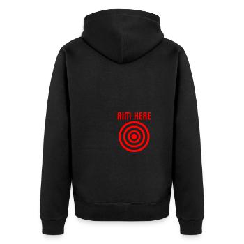 Aim Here - Bullseye Shooting Target - Unisex Premium Bio Zip Hoodie - Schwarz - Hinten - Nico (187cm)