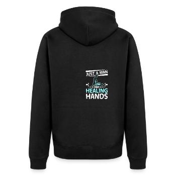 Just a man with healing hands Massage therapist - Unisex Premium Bio Zip Hoodie - Schwarz - Hinten - Nico (187cm)
