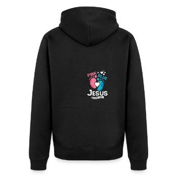 Pink or blue jesus loves you Gender Reveal - Unisex Premium Bio Zip Hoodie - Schwarz - Hinten - Nico (187cm)
