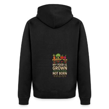 Mein Essen wird angebaut, nicht geboren - Unisex Premium Bio Zip Hoodie - Schwarz - Hinten - Nico (187cm)