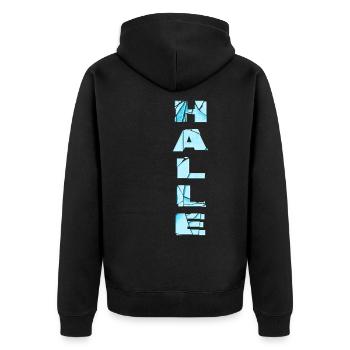 Halle Deutschland Stadt Schrift Skyline Heimat - Unisex Premium Bio Zip Hoodie - Schwarz - Hinten - Nico (187cm)