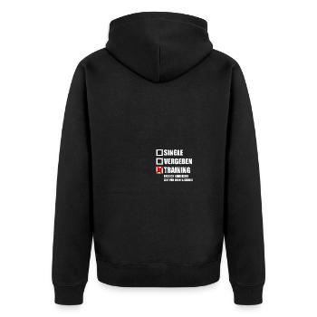 Training Bodybuilding Bodybuilder Kraftsport Gym - Unisex Premium Bio Zip Hoodie - Schwarz - Hinten - Nico (187cm)