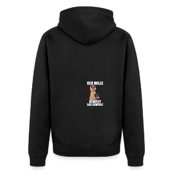 Der Wille Bodybuilding Bodybuilder Gym Kraftsport - Unisex Premium Bio Zip Hoodie - Schwarz - Hinten - Nico (187cm)
