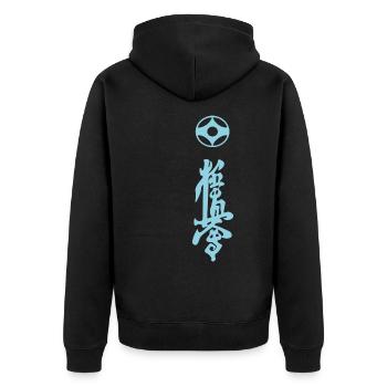 Kyokushin Kaikan Kanji Design in blau - Unisex Premium Bio Zip Hoodie - Schwarz - Hinten - Nico (187cm)