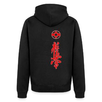Kyokushin Kanji Design in rot - Unisex Premium Bio Zip Hoodie - Schwarz - Hinten - Nico (187cm)