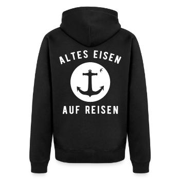 Altes Eisen auf Reisen - Unisex Premium Bio Zip Hoodie - Schwarz - Hinten - Nico (187cm)