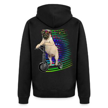 Escooter Mops mit Blumenkranz Electricscooter - Unisex Premium Bio Zip Hoodie - Schwarz - Hinten - Nico (187cm)