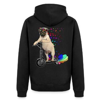 Mops mit Blumenkranz auf Escooter Electricscooter - Unisex Premium Bio Zip Hoodie - Schwarz - Hinten - Nico (187cm)