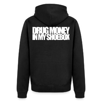 Drug Money In My Shoebox - Unisex Premium Bio Zip Hoodie - Schwarz - Hinten - Nico (187cm)
