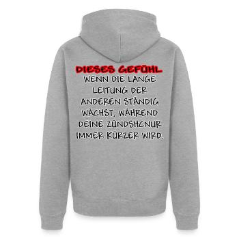 Lange Leitung Kurze Zündschnur weiss - Unisex Premium Bio Zip Hoodie - Grau meliert - Hinten - Nico (187cm)