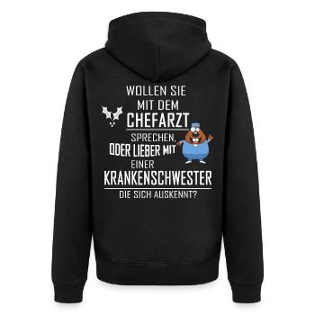 WOLLEN SIE MIT DEM CHEFARZT SPRECHEN - Unisex Premium Bio Zip Hoodie - Schwarz - Hinten - Nico (187cm)