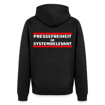 Pressefreiheit ist Systemrelevant - Unisex Premium Bio Zip Hoodie - Schwarz - Hinten - Nico (187cm)