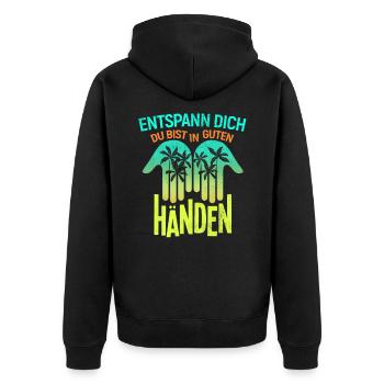 Du bist in guten Händen Physiotherapie - Unisex Premium Bio Zip Hoodie - Schwarz - Hinten - Nico (187cm)