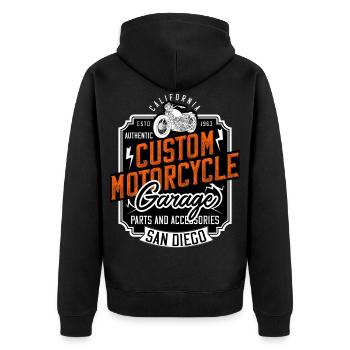 Custom Motorcycle Garage San Diego Biker Geschenk - Unisex Premium Bio Zip Hoodie - Schwarz - Hinten - Nico (187cm)
