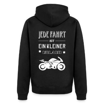Jede Fahrt ist ein kleiner Urlaub Spruch für Biker - Unisex Premium Bio Zip Hoodie - Schwarz - Hinten - Nico (187cm)