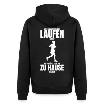 Laufen Joggen Sprinten Sport treiben Geschenk - Unisex Premium Bio Zip Hoodie - Schwarz - Hinten - Nico (187cm)