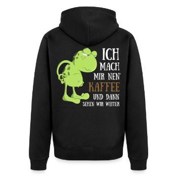 Frosch Kaffee trinken Morgenmuffel Spätaufsteher - Unisex Premium Bio Zip Hoodie - Schwarz - Hinten - Nico (187cm)