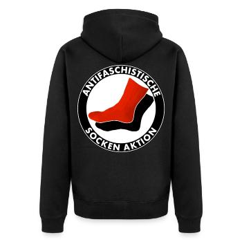 antifaschistische socken aktion - Unisex Premium Bio Zip Hoodie - Schwarz - Hinten - Nico (187cm)