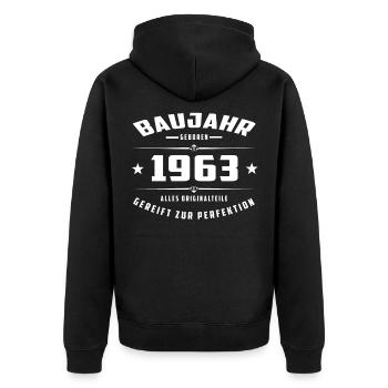 Baujahr - 1963 - Unisex Premium Bio Zip Hoodie - Schwarz - Hinten - Nico (187cm)