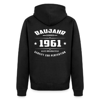 Baujahr - 1961 - Unisex Premium Bio Zip Hoodie - Schwarz - Hinten - Nico (187cm)
