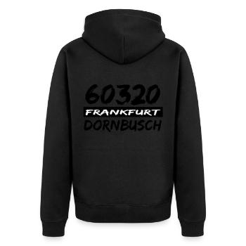 60320 Frankfurt Dornbusch - Unisex Premium Bio Zip Hoodie - Schwarz - Hinten - Nico (187cm)