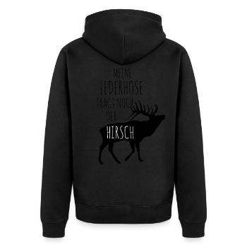 Meine Lederhose trägt noch der Hirsch - Unisex Premium Bio Zip Hoodie - Schwarz - Hinten - Nico (187cm)