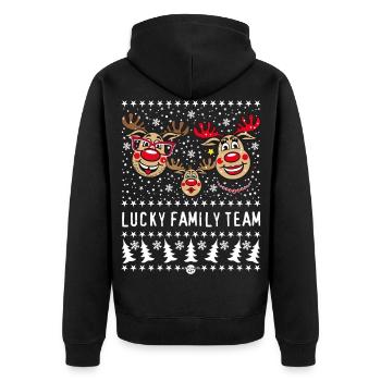 93 LUCKY FAMILY TEAM Papa Mama 1 Kind Winter - Unisex Premium Bio Zip Hoodie - Schwarz - Hinten - Nico (187cm)