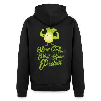 Keep Calm - Plants have Protein - Vegan Shirt - Unisex Premium Bio Zip Hoodie - Schwarz - Hinten - Nico (187cm)