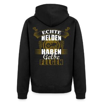 Echte Helden haben gelbe Felgen T-Shirt Geschenk - Unisex Premium Bio Zip Hoodie - Schwarz - Hinten - Nico (187cm)