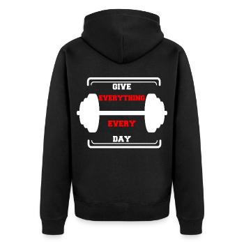 motivation fitness hantel training muskelaufbau - Unisex Premium Bio Zip Hoodie - Schwarz - Hinten - Nico (187cm)