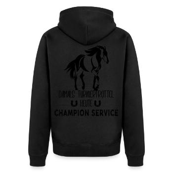 TT tt Reitersprueche Dressur Turniertrottel - Unisex Premium Bio Zip Hoodie - Schwarz - Hinten - Nico (187cm)