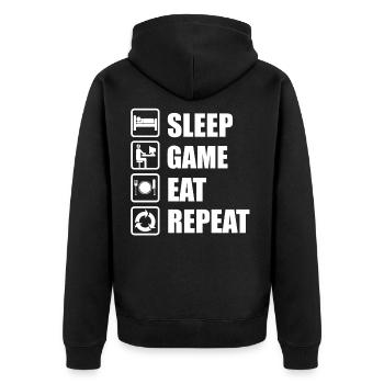Zocken Gamer Eat Repeat Geschenkdee - Unisex Premium Bio Zip Hoodie - Schwarz - Hinten - Nico (187cm)