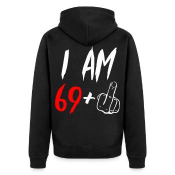 70th birthday middle finger - Unisex Premium Organic Zip Hoodie - black - Back - Nico (187cm)