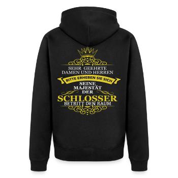 Schlosser Majestät Exzellenz Spruch Geschenkidee - Unisex Premium Bio Zip Hoodie - Schwarz - Hinten - Nico (187cm)