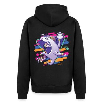 lustiger cooler handballspielende einhorn - Unisex Premium Bio Zip Hoodie - Schwarz - Hinten - Nico (187cm)