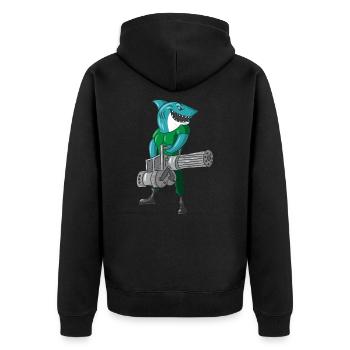 Shark Soldier Bundeswehr Minigun Humor Gift - Unisex Premium Organic Zip Hoodie - black - Back - Nico (187cm)